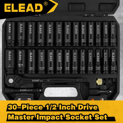 1/2" Drive Deep Impact Socket Set: 30-Piece Standard SAE (3/8 to 1 Inch) and Metric (10-24mm) Size, 3" and 5" Drive Extension Bar, Ratchet Handle, Bit Adapter, CR-V Steel for Auto Repair