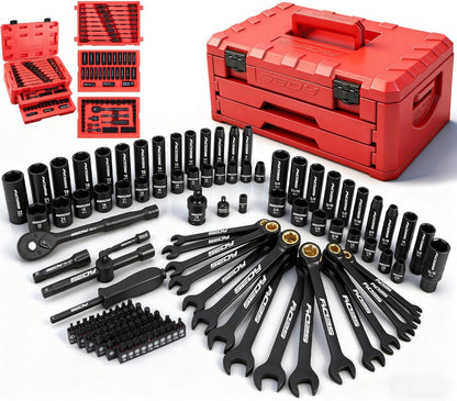 132-Piece Mechanics Tool Set, Ratchet Spanner & Socket Wrench Set, SAE/Metric 1/4" & 3/8" Socket Set, Extensions & Adapters, Quick-Release Ratchet, Professional Auto Tool Kit with Storage Case