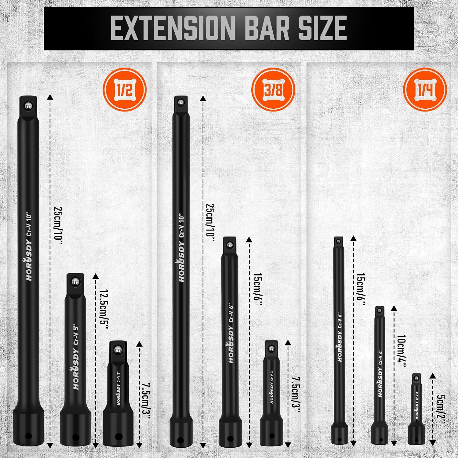 12-Piece Driver Extension Bar Set Includes Socket Adapters, 1/4", 3/8", and 1/2" Drive, Tool Accessory Set, Socket Extension Bar, Heat-Treated CV-R Steel with Black Phosphate Finish