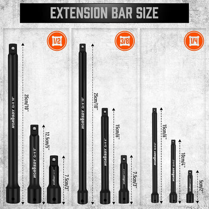 12-Piece Driver Extension Bar Set Includes Socket Adapters, 1/4", 3/8", and 1/2" Drive, Tool Accessory Set, Socket Extension Bar, Heat-Treated CV-R Steel with Black Phosphate Finish