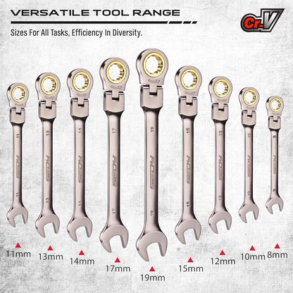 9 Piece Flex Head Ratcheting Combination Wrench Set Metric 8-19mm Premium 72-Teeth Gear Chrome Vanadium Nickel Plated - South East Clearance Centre