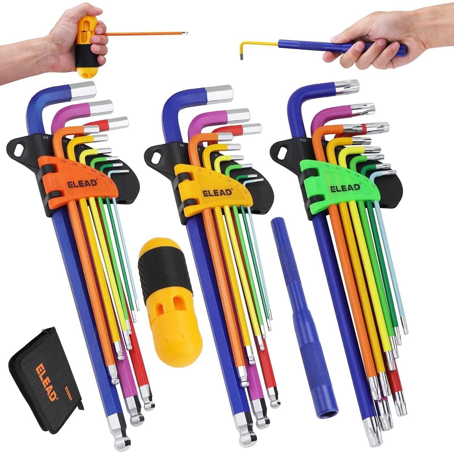 Hex Key Allen Wrench Set: 29-Piece Rainbow Colored Hex Torx Key Set, Long Arm Ball End, Metric SAE Torx Star Allen Wrenches Sets with T-Handle and Extension Bar