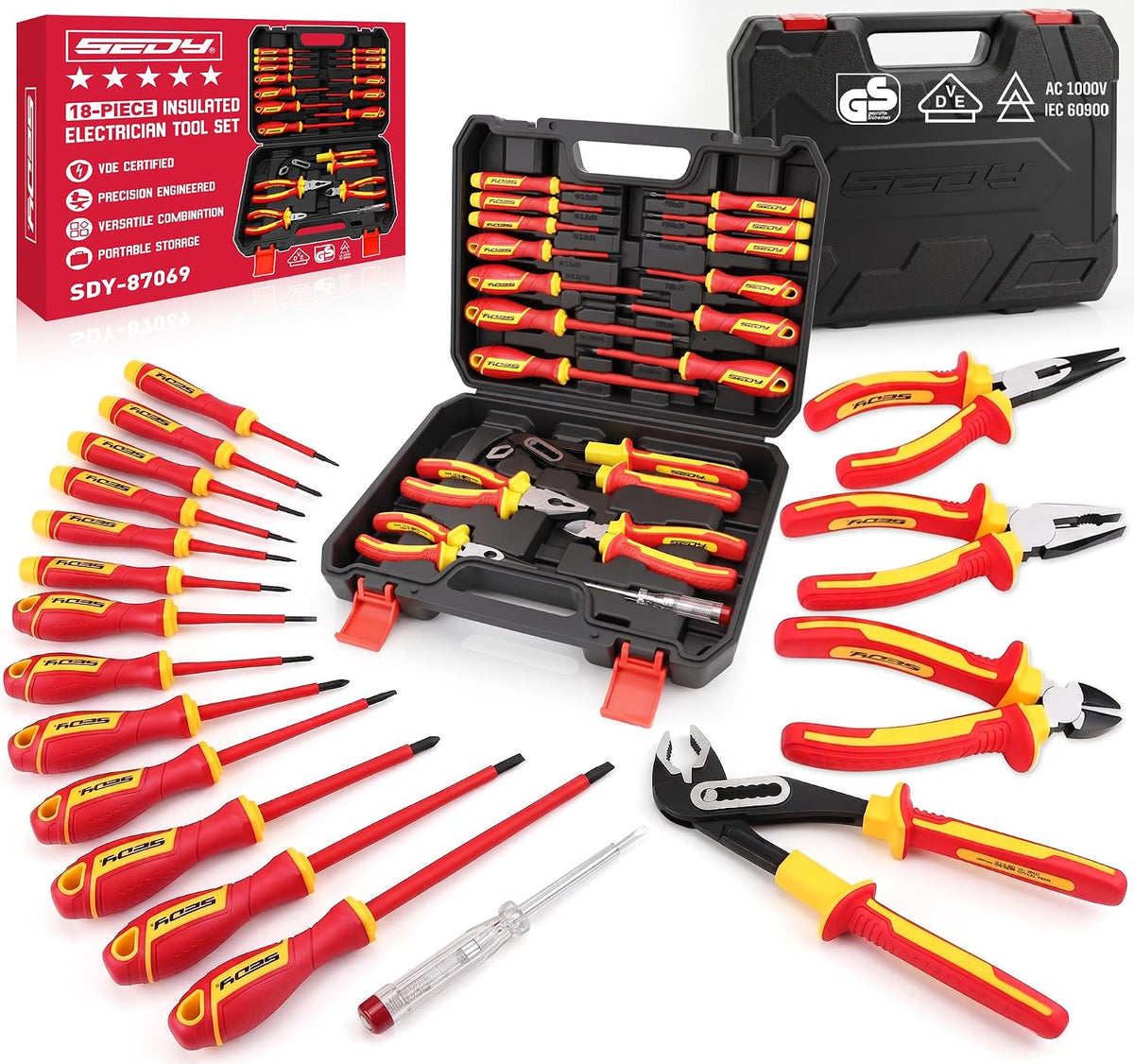 18-Piece Insulated Electrician Tool Set, 1000V VDE Screwdrivers & Pliers Kit with Magnetic Phillips/Slotted Screwdrivers, Voltage Tester, Long Nose, Diagonal, Combination, Water Pump Pliers