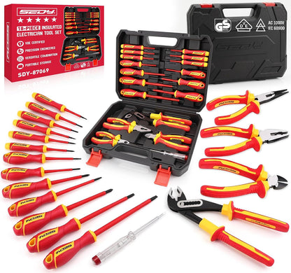 18-Piece Insulated Electrician Tool Set, 1000V VDE Screwdrivers & Pliers Kit with Magnetic Phillips/Slotted Screwdrivers, Voltage Tester, Long Nose, Diagonal, Combination, Water Pump Pliers