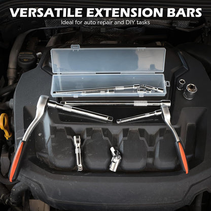 9-Piece Socket Extension Bar Set, 1/4" & 3/8" Drive Ratchet Extensions 2", 3", 4", 6", 8" & 10" with Universal Joints, CR-V Steel for Tight Spaces