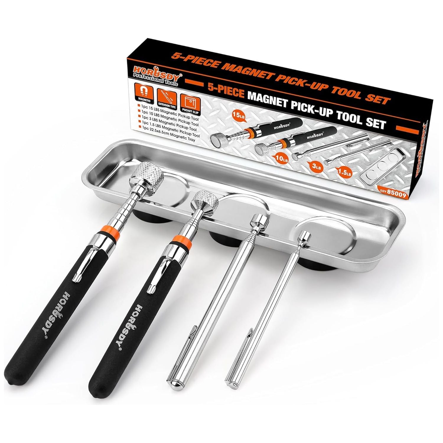 5-Piece Magnetic Pickup Tools Set, Includes 15LB, 10LB, 3LB, 1.5LB Magnet Sticks, Rust-Proof Magnetic Tray, Telescoping Design for Mechanics, Automotive, DIY, Gifts for Men, Dad