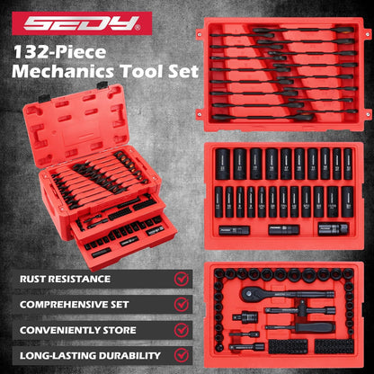 132-Piece Mechanics Tool Set, Ratchet Spanner & Socket Wrench Set, SAE/Metric 1/4" & 3/8" Socket Set, Extensions & Adapters, Quick-Release Ratchet, Professional Auto Tool Kit with Storage Case