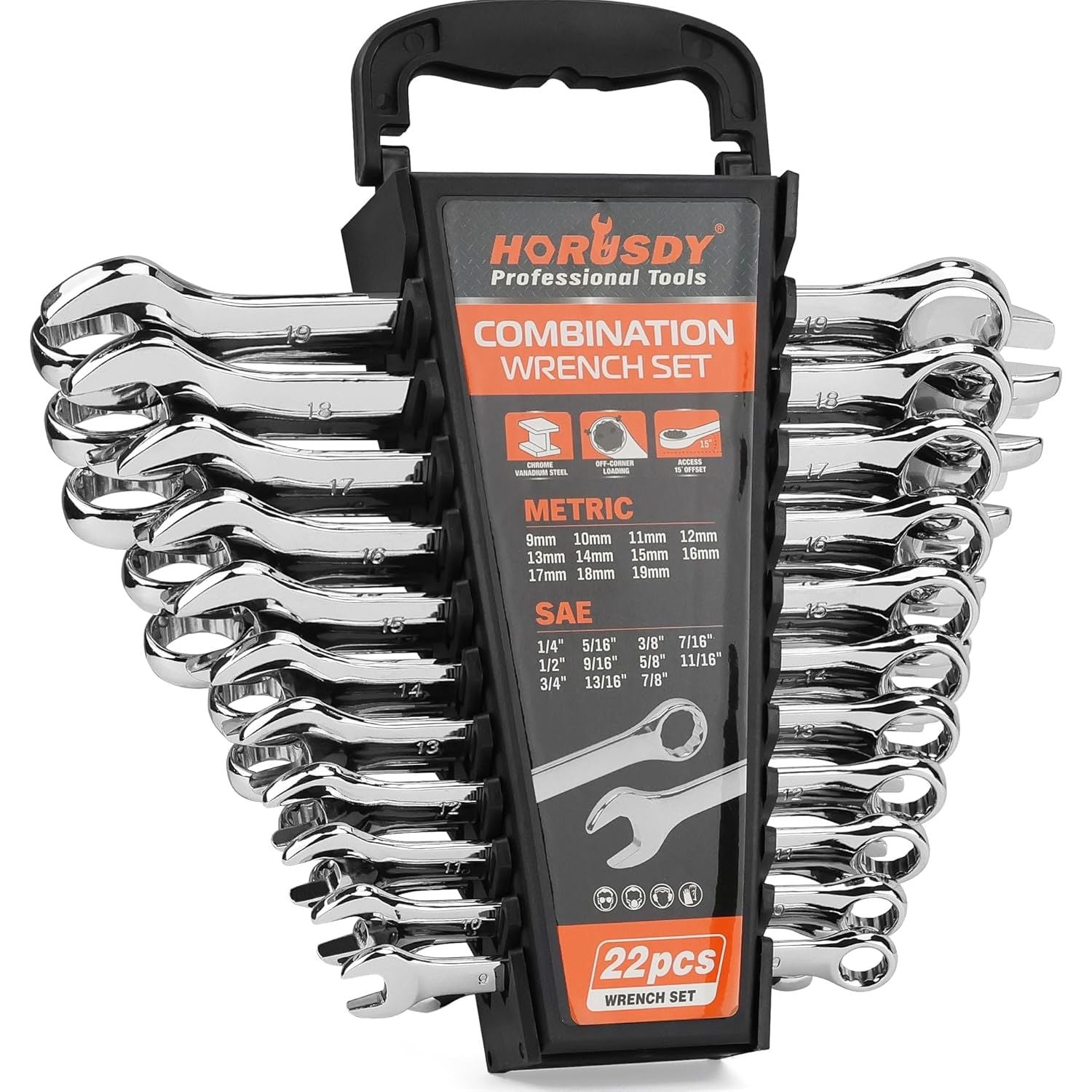 22-Piece Wrench Set | Metric & SAE Combination Wrench Set with Organizer | 12 Point | Chrome Vanadium Steel