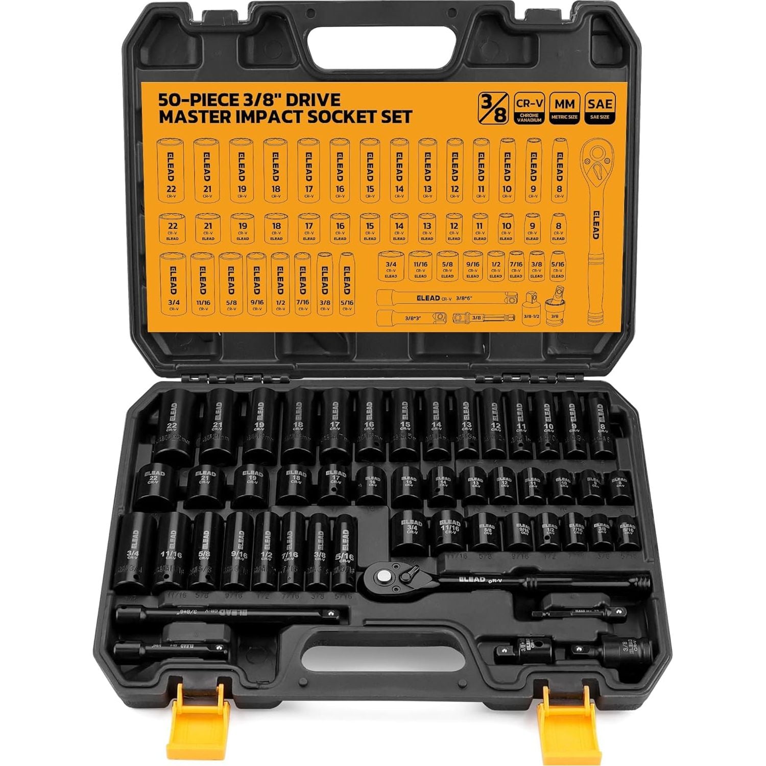 3/8'' Drive Impact Socket Set - 50-Piece Shallow & Deep Socket Set Metric and Standard Full with Universal Joint, Extension Bar, 1/2 to 3/8 Reducer, Hex Shank Socket Adapter, Ratchet Handle
