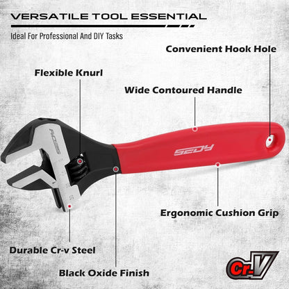 Adjustable Wrench Set Pipe Spanner: 6" 8" 10" Wide Jaw Black Oxide Wrench With Cushion Grip, Laser Marked Metric & SAE Scales, CR-V Steel for Professional