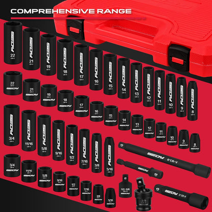 49-Piece Imperial and Metric Impact Socket Set with Extension Bars - For High Durability Impact Wrench - South East Clearance Centre