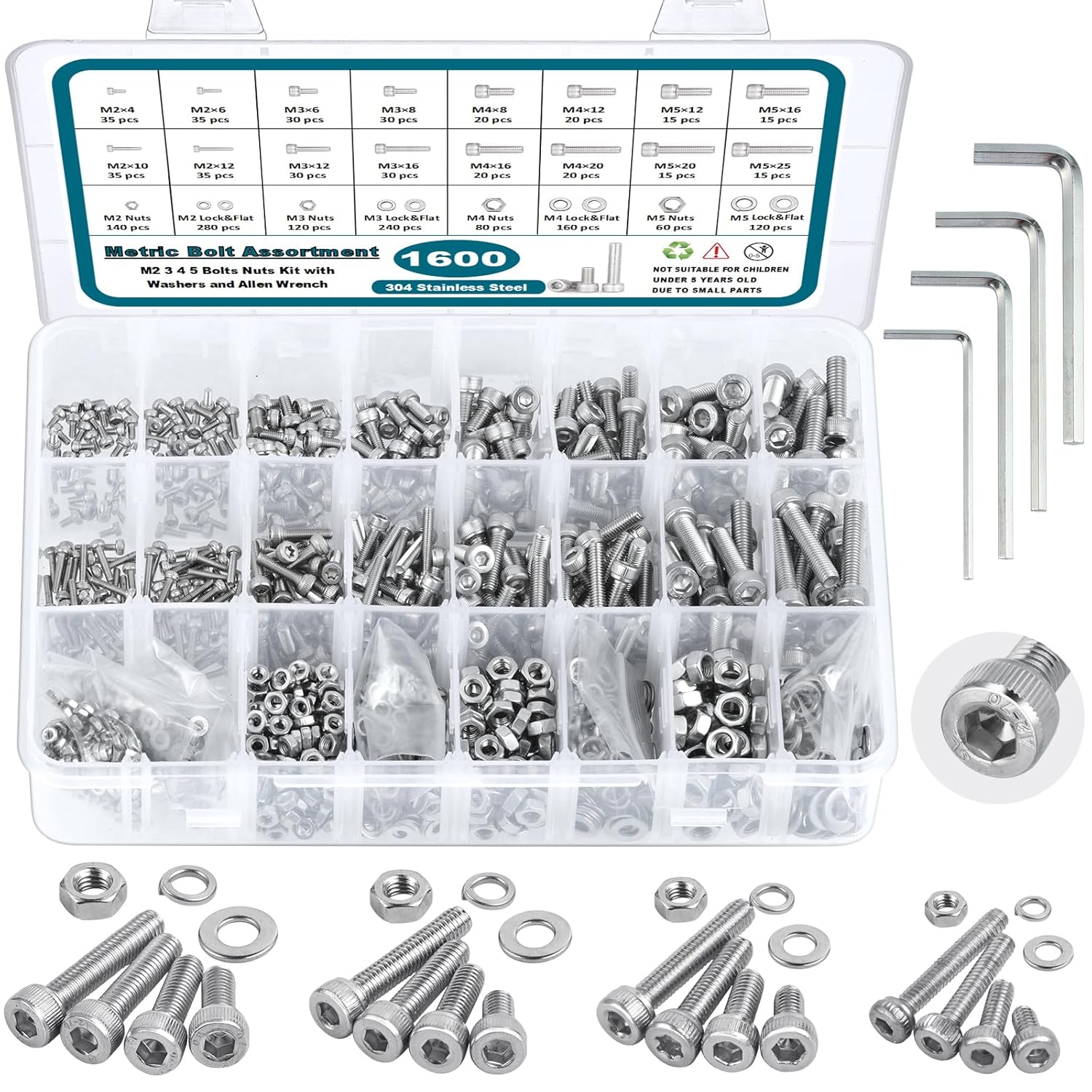 1600-Piece 304 Stainless Steel Socket Cap Screw, Nut & Washer Assortment Kit – M2 to M5 High Tensile Fastener Set in Organised Storage Box
