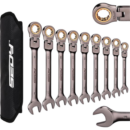9 Piece Flex Head Ratcheting Combination Wrench Set Metric 8-19mm Premium 72-Teeth Gear Chrome Vanadium Nickel Plated - South East Clearance Centre