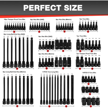107 Piece Bit Socket Set, 1/4", 3/8" and 1/2" Drive, Hex/Torx/Tamper Proof Torx/E-Trox/Long Ball End Hex, CR-V, S2 Steel, SAE/Metric - South East Clearance Centre