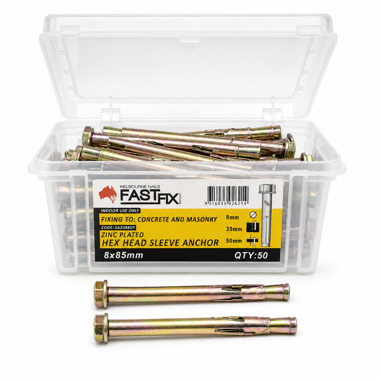 FASTFIX 8 x 85mm Zinc Plated Hex Head Sleeve Anchors – Pack of 50