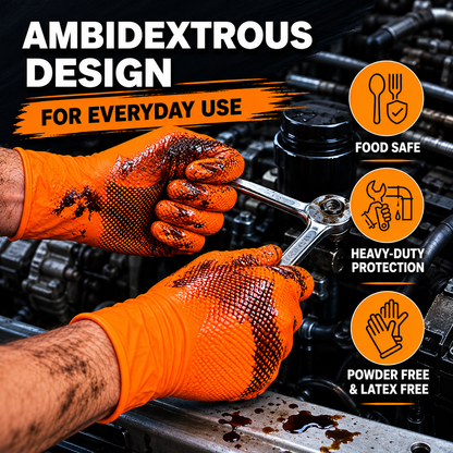 Shield Right XtraGuard Orange Diamond Grip Gloves – Ultra-Tough Heavy-Duty Nitrile Gloves (Box of 100)
