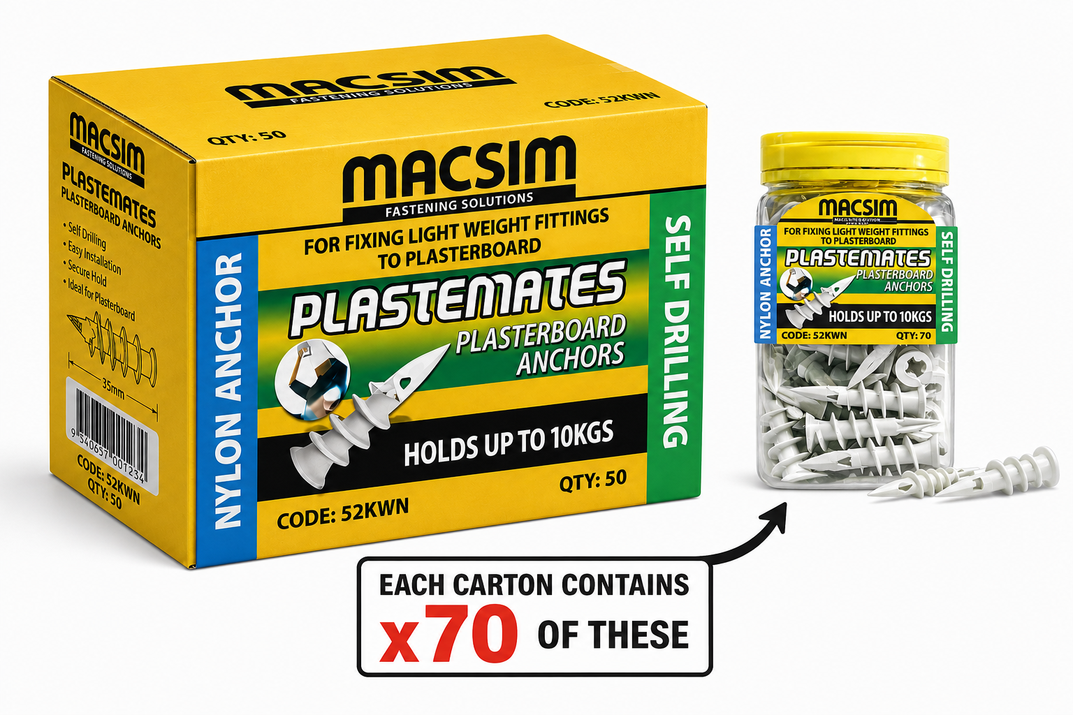 Macsim PlasteMates Self-Drilling Nylon Plasterboard Anchors 10kg — Carton of 3500 Anchors (50 Packs × 70)