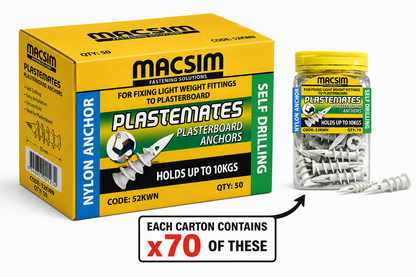 Macsim PlasteMates Self-Drilling Nylon Plasterboard Anchors 10kg — Carton of 3500 Anchors (50 Packs × 70)