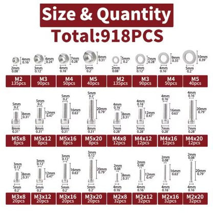 918-Piece Stainless Steel Nuts & Bolts Assortment Kit – M2, M3, M4, M5 Hex Head 304 Grade with Nuts & Washers - South East Clearance Centre
