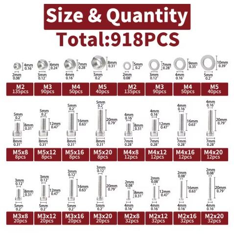918-Piece Stainless Steel Nuts & Bolts Assortment Kit – M2, M3, M4, M5 Hex Head 304 Grade with Nuts & Washers - South East Clearance Centre