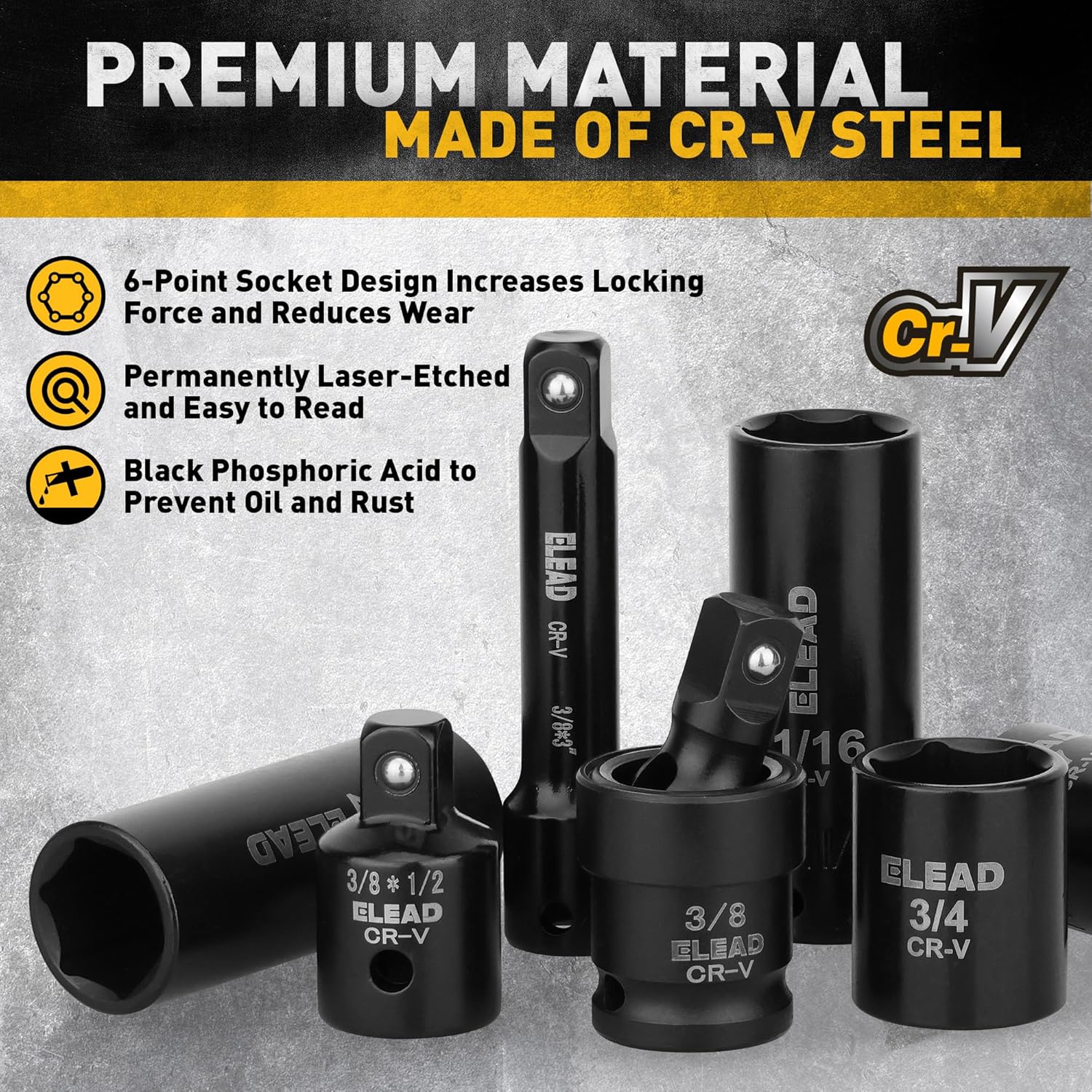 3/8'' Drive Impact Socket Set - 50-Piece Shallow & Deep Socket Set Metric and Standard Full with Universal Joint, Extension Bar, 1/2 to 3/8 Reducer, Hex Shank Socket Adapter, Ratchet Handle
