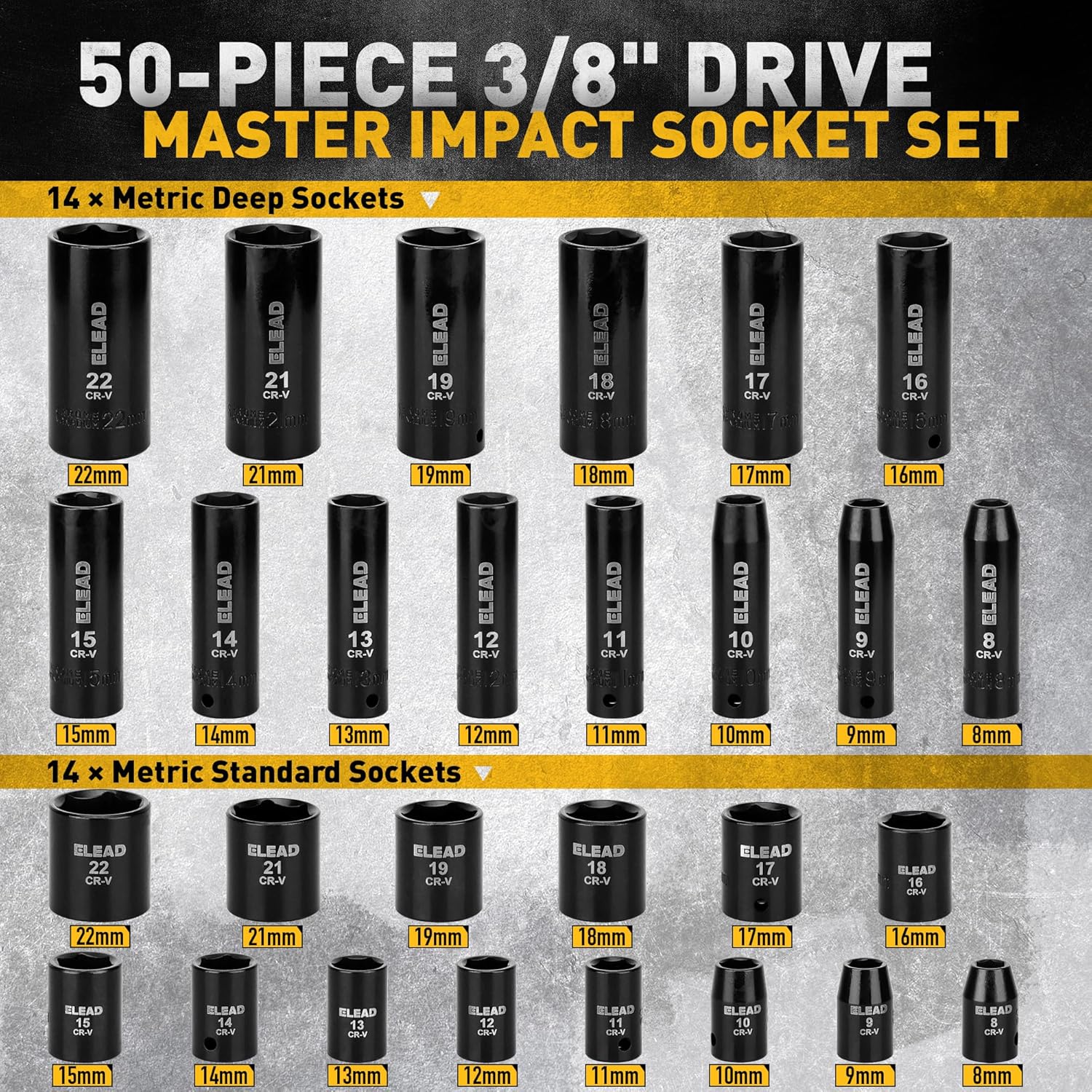 3/8'' Drive Impact Socket Set - 50-Piece Shallow & Deep Socket Set Metric and Standard Full with Universal Joint, Extension Bar, 1/2 to 3/8 Reducer, Hex Shank Socket Adapter, Ratchet Handle