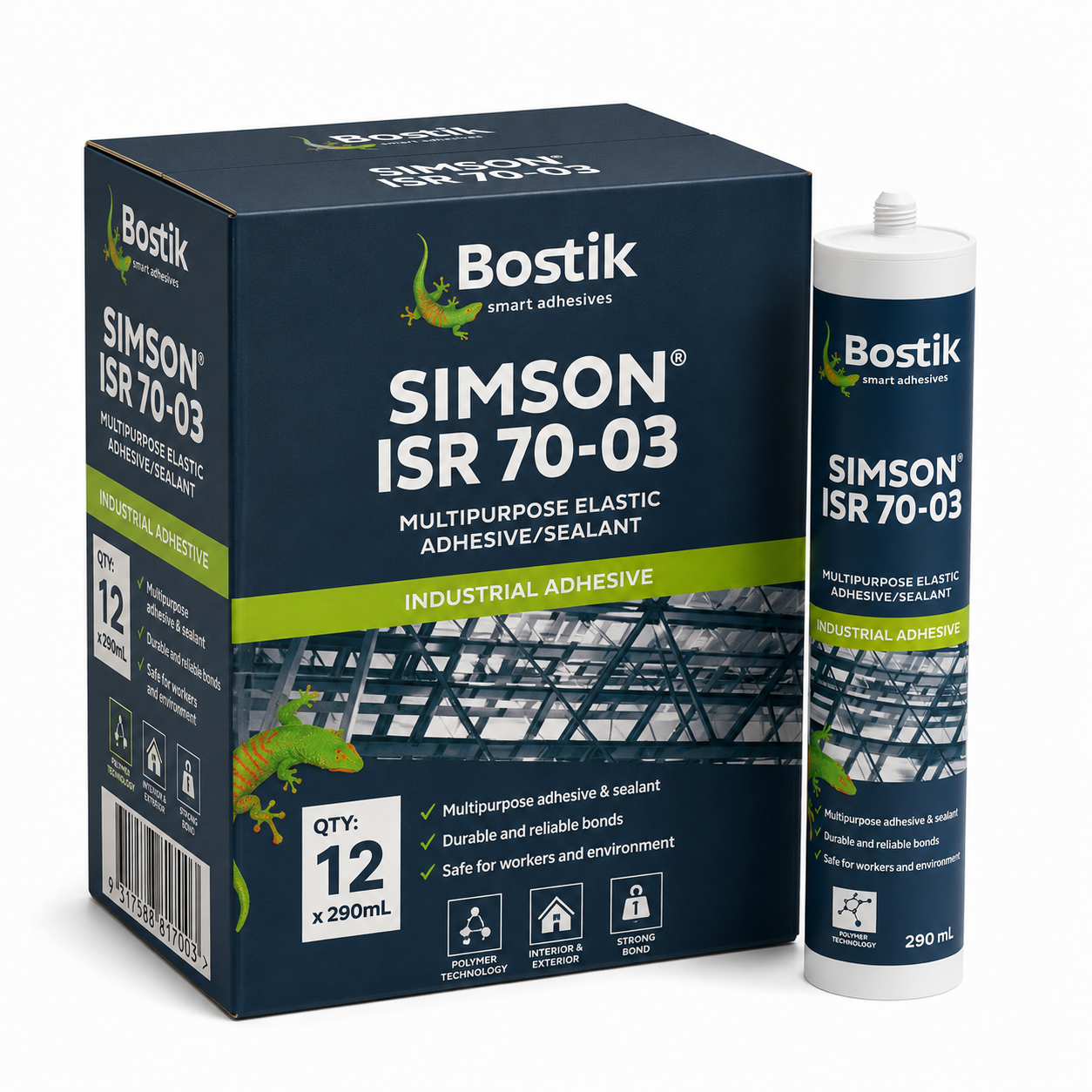 (Box of 12) Bostik 30132150 290ml Simson ISR 70-03 Elastic Adhesive/ Sealant Cartridge - Grey (Past Date)