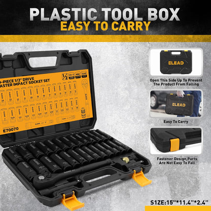 1/2" Drive Deep Impact Socket Set: 30-Piece Standard SAE (3/8 to 1 Inch) and Metric (10-24mm) Size, 3" and 5" Drive Extension Bar, Ratchet Handle, Bit Adapter, CR-V Steel for Auto Repair