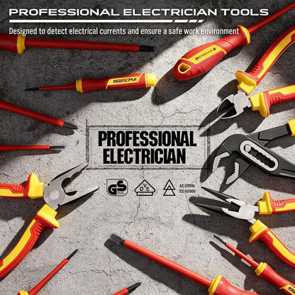 18-Piece Insulated Electrician Tool Set, 1000V VDE Screwdrivers & Pliers Kit with Magnetic Phillips/Slotted Screwdrivers, Voltage Tester, Long Nose, Diagonal, Combination, Water Pump Pliers