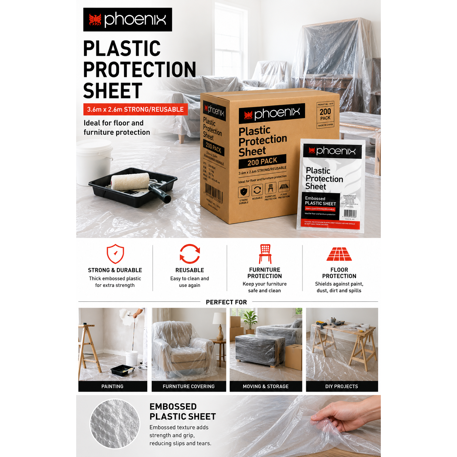 Phoenix Embossed Painting Plastic Protection Sheet 3.6m x 2.6m – 200 Pack Bulk Carton