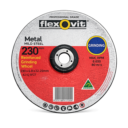 (Pack of 50) Flexovit 230 x 6.8 x 22.23mm Metal Grinding Wheel – Professional Grade Depressed Centre Disc