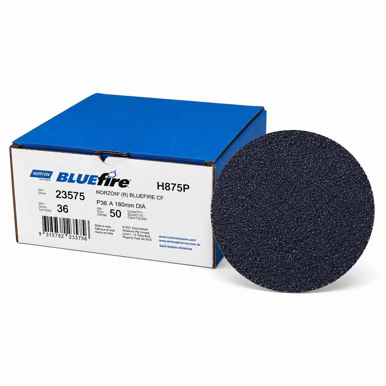 Norton BLUEfire H875P 180mm P36 Fibre Discs – Box of 50