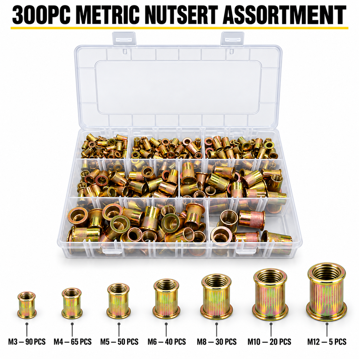 300-Piece Metric Nutsert Rivet Nut Assortment Kit – M3 to M12