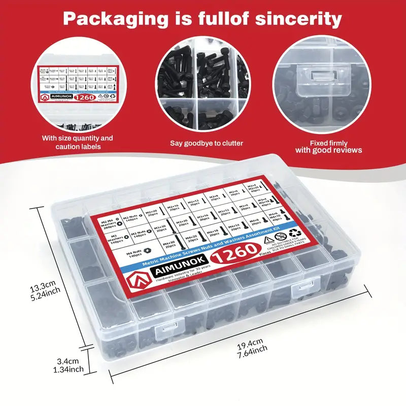 1260 Piece Carbon Steel Metric Bolts and Nuts Kit, Grade 12.9 Hex Socket Head Cap Screws, Hexagonal Nut Assortment with Flat & Lock Washers Assortment Kit - South East Clearance Centre