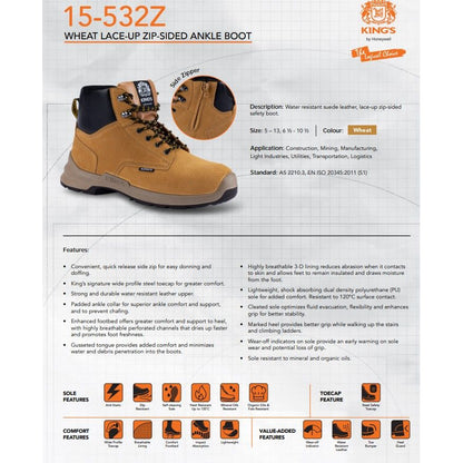 King's Wheat Lace-Up Zip Sided Ankle Safety Boots - South East Clearance Centre