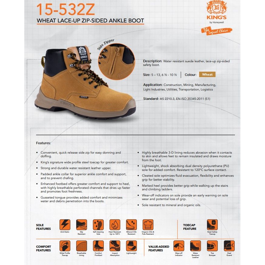 King's Wheat Lace-Up Zip Sided Ankle Safety Boots - South East Clearance Centre