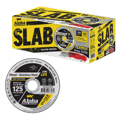 Alpha GCDSS12510-100FK1 Slab Cutting Disc 125mm x 1.0mm Silver Series, 100 Pack of Grinder Discs + Bonus Folding Knife