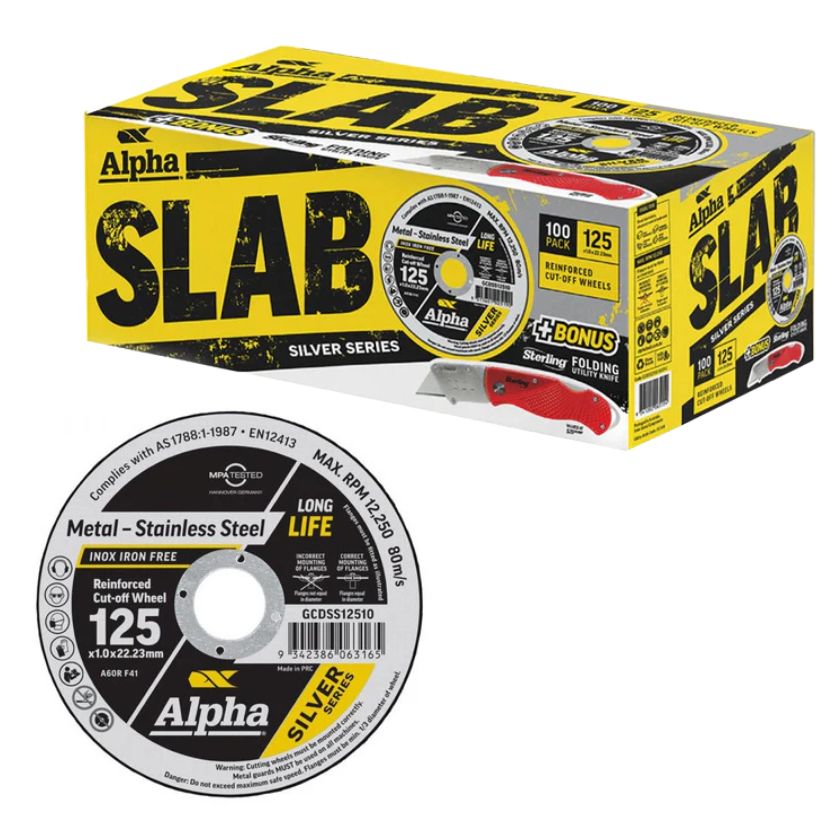 Alpha GCDSS12510-100FK1 Slab Cutting Disc 125mm x 1.0mm Silver Series, 100 Pack of Grinder Discs + Bonus Folding Knife