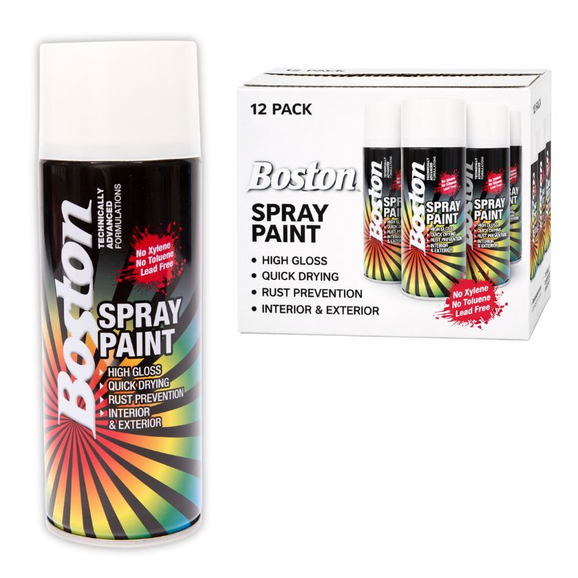 (Box of 12) BOSTON SPRAY PAINT - APPLIANCE WHITE 250GM - South East Clearance Centre