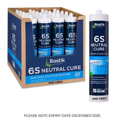 Bostik 30608432 300ml 6S Neutral Cure Sanitary & Tile Silicone Sealant - Mid Grey (Box of 20) - South East Clearance Centre