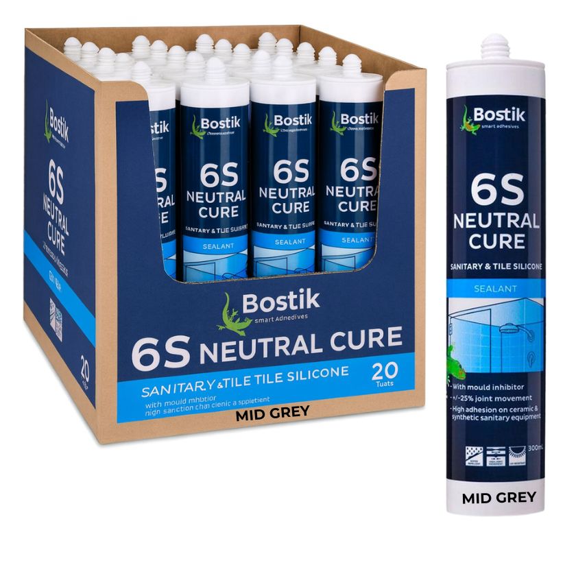 Bostik 30608432 300ml 6S Neutral Cure Sanitary & Tile Silicone Sealant - Mid Grey (Box of 20)