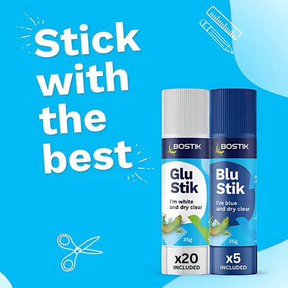 Bostik Glu & Blu Stick Back to School Bundle (20 Glu Sticks & 5 Blu Sticks) - South East Clearance Centre