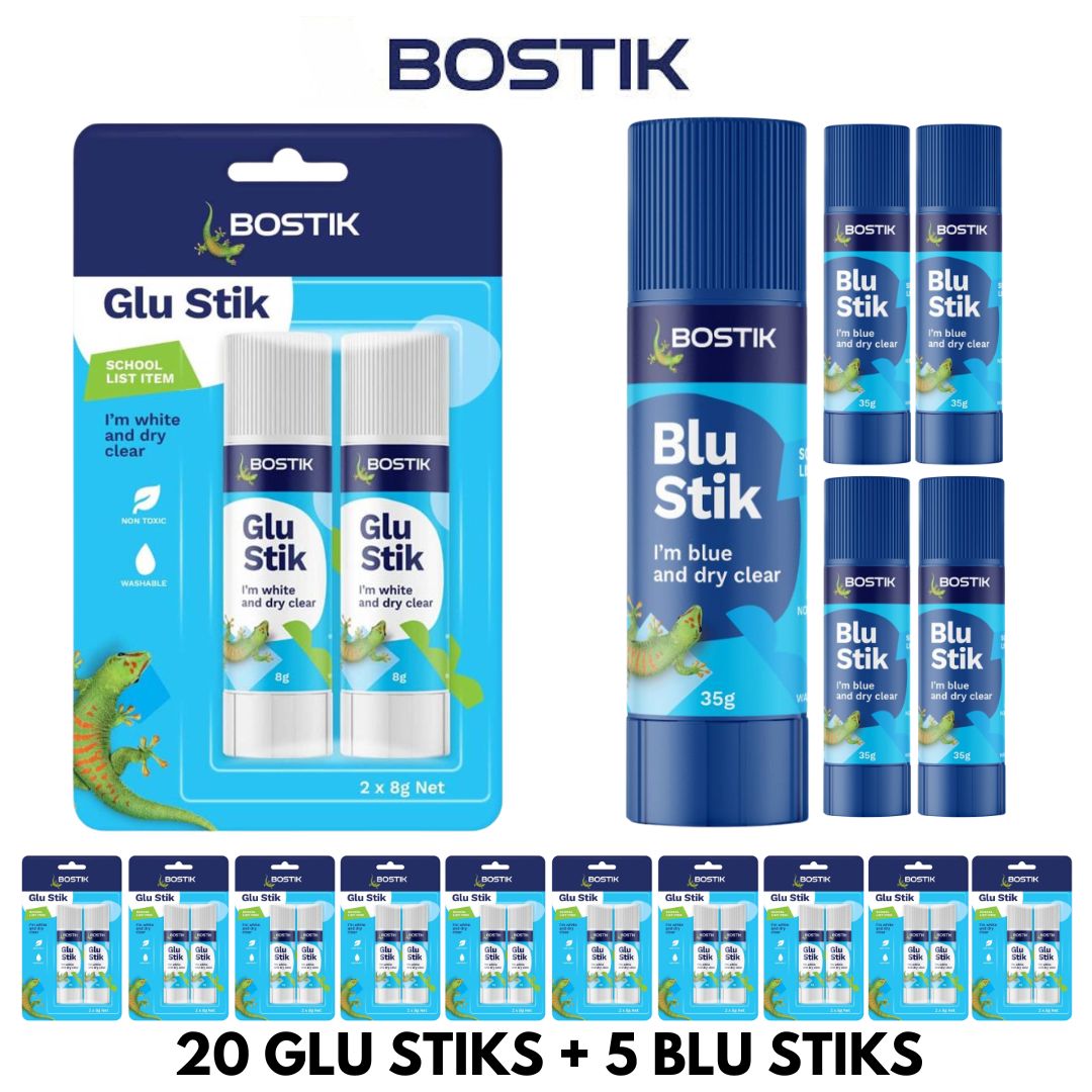 Bostik Glu & Blu Stick Back to School Bundle (20 Glu Sticks & 5 Blu Sticks) - South East Clearance Centre