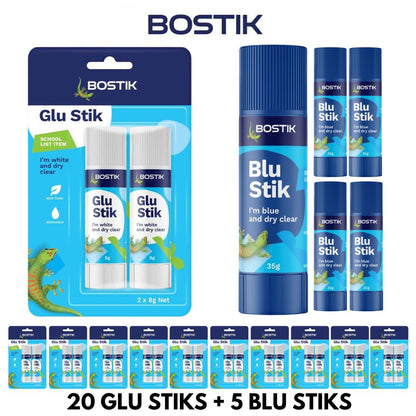 Bostik Glu & Blu Stick Back to School Bundle (20 Glu Sticks & 5 Blu Sticks) - South East Clearance Centre