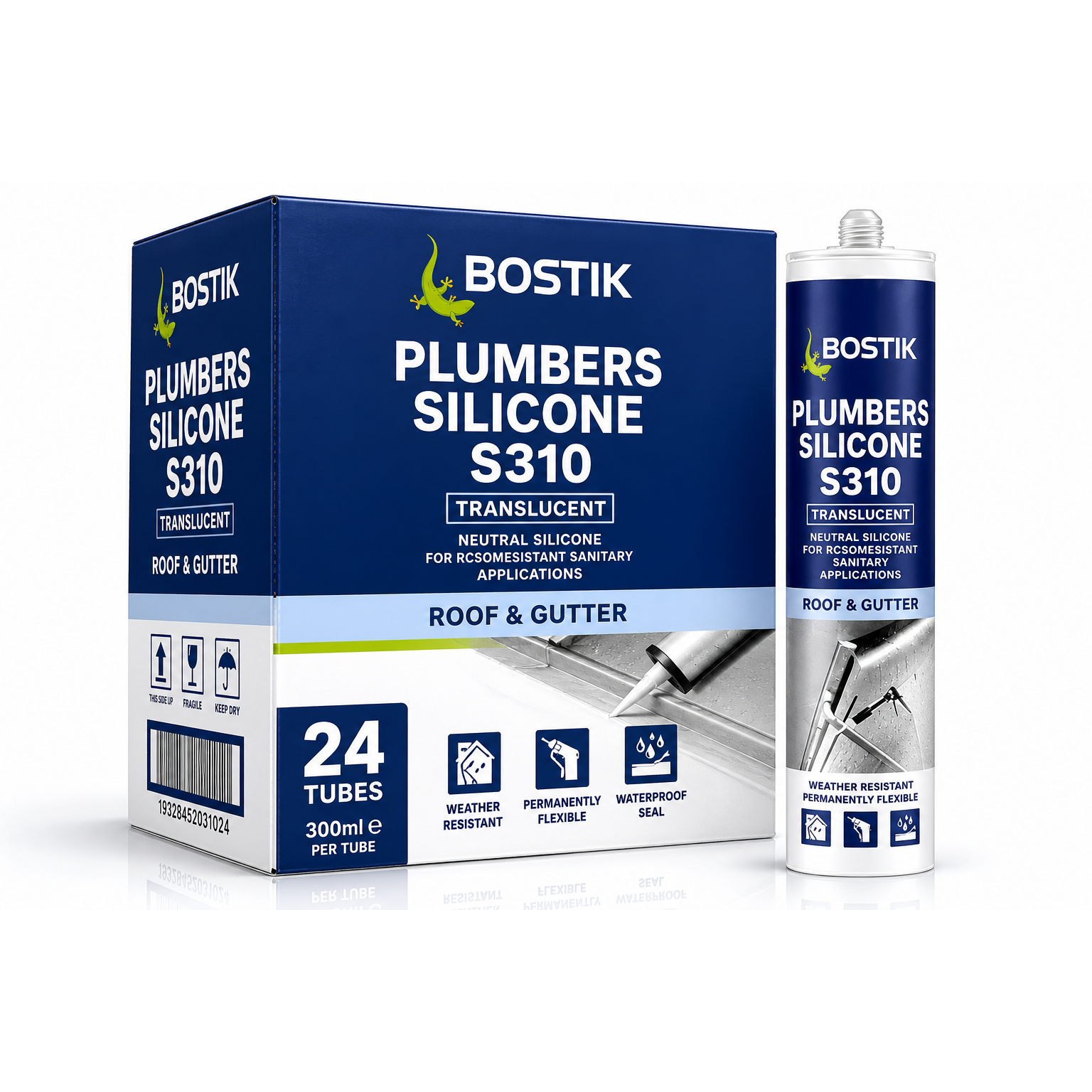 Bostik Plumbers Silicone S310 Translucent Roof & Gutter 24 Pack Carton with Single Tube on White Background