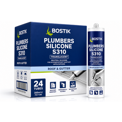 Bostik Plumbers Silicone S310 Translucent Roof & Gutter 24 Pack Carton with Single Tube on White Background