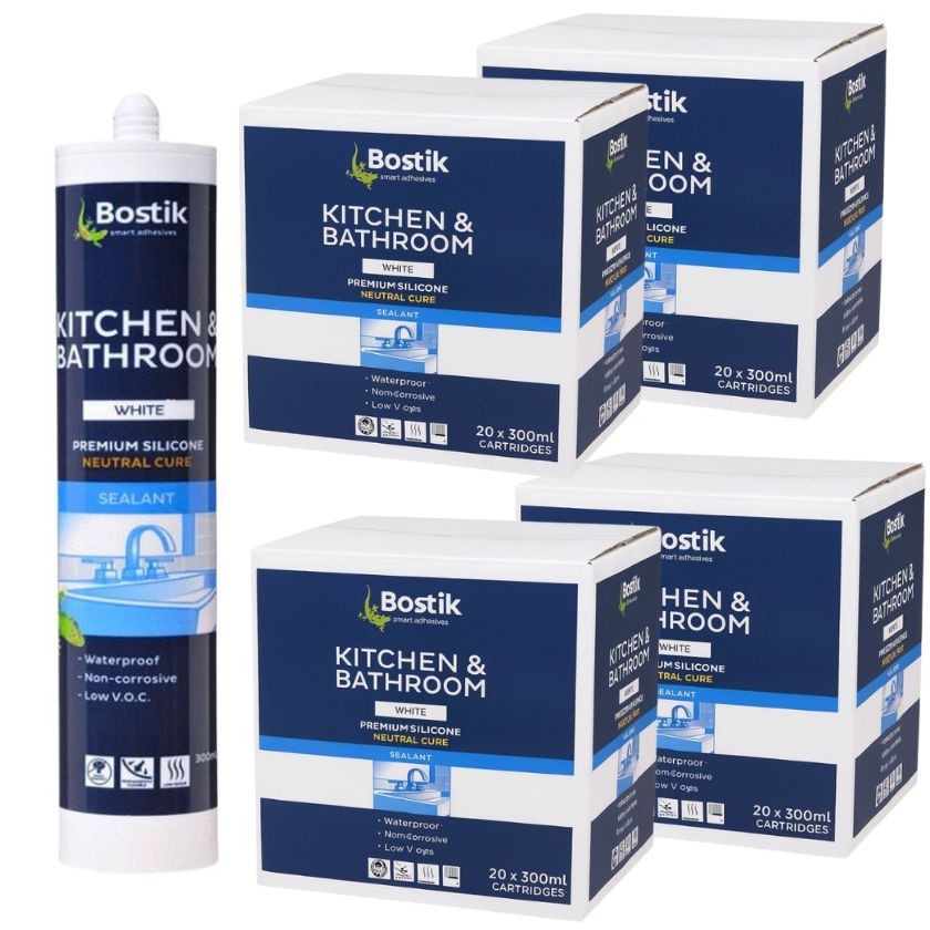 Bostik 30840077 300ml Kitchen & Bathroom Neutral Cure Silicone Sealant - White (Box of 20)