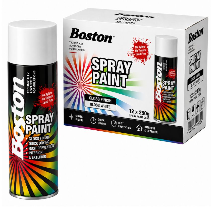 12x Boston Spray Paint Can 250g - GLOSS WHITE