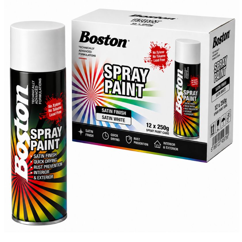 12x Boston Spray Paint Can 250g - Satin White