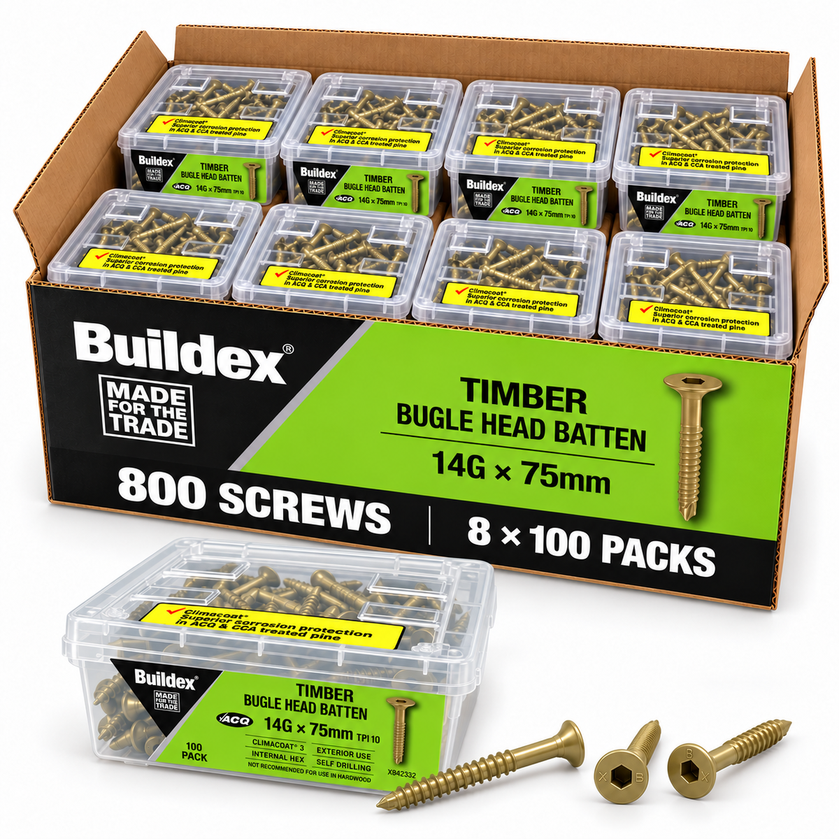 Buildex Timber Bugle Head Batten Screws 14G x 75mm – 800 Pack - South East Clearance Centre